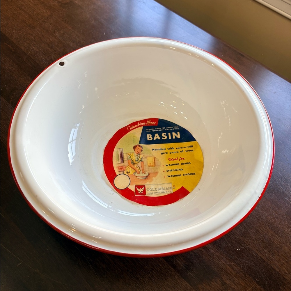 Columbian Ware White Basin with Red Trim